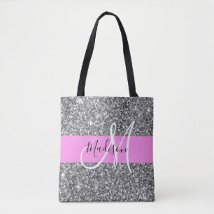 Bolso De Tela Nombre monograma del Purpurina Glam Pink & Silver