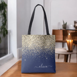 Bolso De Tela Nombre Monograma Dorado Azul Marino Niña Brillo Pu