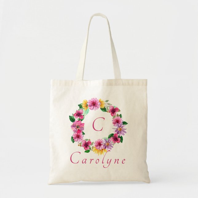 Bolso De Tela Nombre Monograma Flor Rosa Lila Dama de Honor  (Frente)