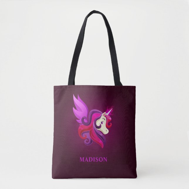 Bolso De Tela Nombre personal místico magenta unicornio (Anverso)