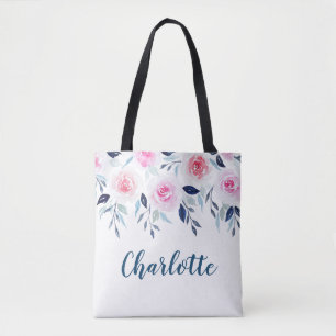 Bolso De Tela Nombre personalizado acuarela rosada floral de los