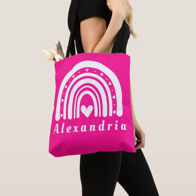 Bolso De Tela Nombre personalizado arcoiris rosa caliente (Detalle)