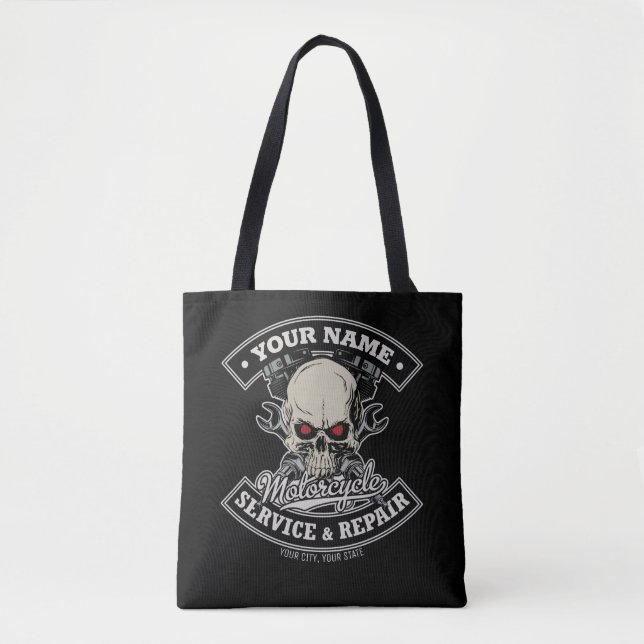 Bolso De Tela NOMBRE Personalizado Biker Mechanic Skull Motorcyc (Anverso)
