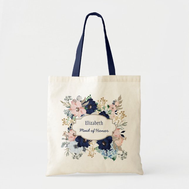 Bolso De Tela Nombre personalizado Blue Pink Rose Bridal (Frente)