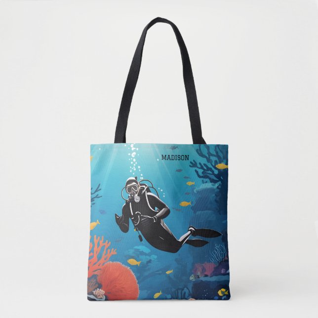 Bolso De Tela Nombre personalizado Buceador Scuba (Anverso)