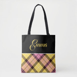 Bolso De Tela Nombre Personalizado Cuadro Escocés Negro Amarillo