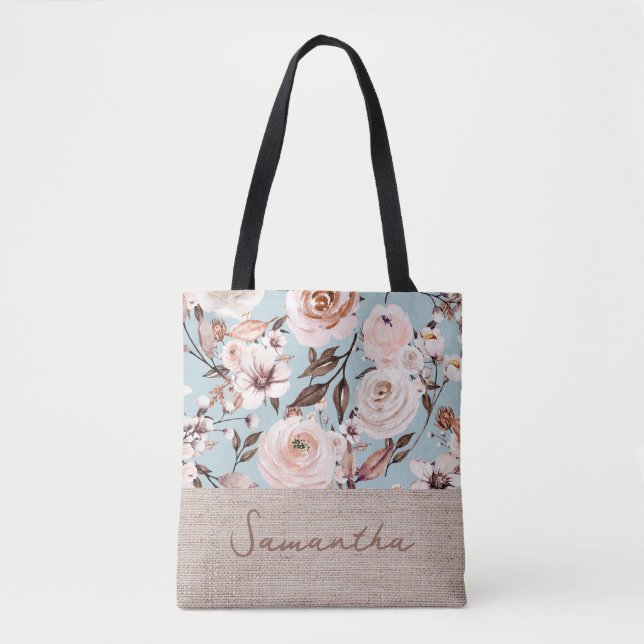 Bolso De Tela Nombre personalizado de acuarela floral (Anverso)