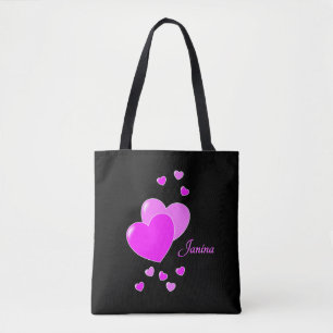 Bolso De Tela Nombre personalizado de corazones rosados y negros
