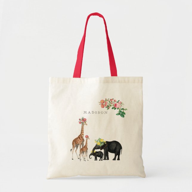 Bolso De Tela Nombre personalizado de elefante cutáneo y jirafa  (Frente)