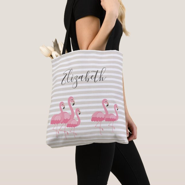 Bolso De Tela Nombre personalizado de flamingo rosado trendy Tan (Detalle)