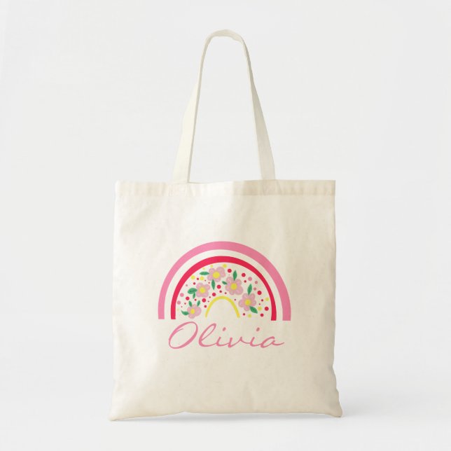 Bolso De Tela Nombre personalizado de flor arcoiris rosa (Frente)