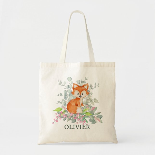 Bolso De Tela Nombre personalizado de Fox Cute sobre verde (Frente)