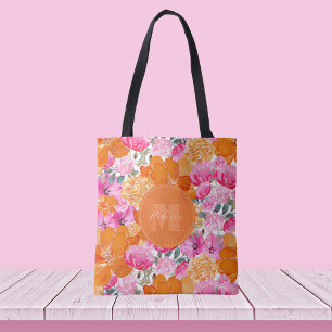 Bolso De Tela Nombre personalizado de Jardín floral rosa y Naran