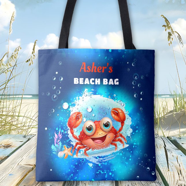 Bolso De Tela Nombre personalizado de la piscina de crab Navy Bl (Crab Navy Blue Boy Pool Beach Custom Name Tote Bag)