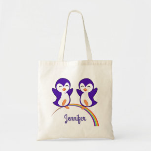 Bolso De Tela Nombre personalizado de pingüino púrpura de cort