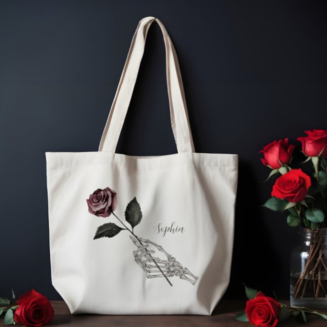 Bolso De Tela Nombre personalizado de Skeleton Hand Rosa Gótico  (Watercolor Skeleton Head Gothic Custom Monogram Tote Bag)