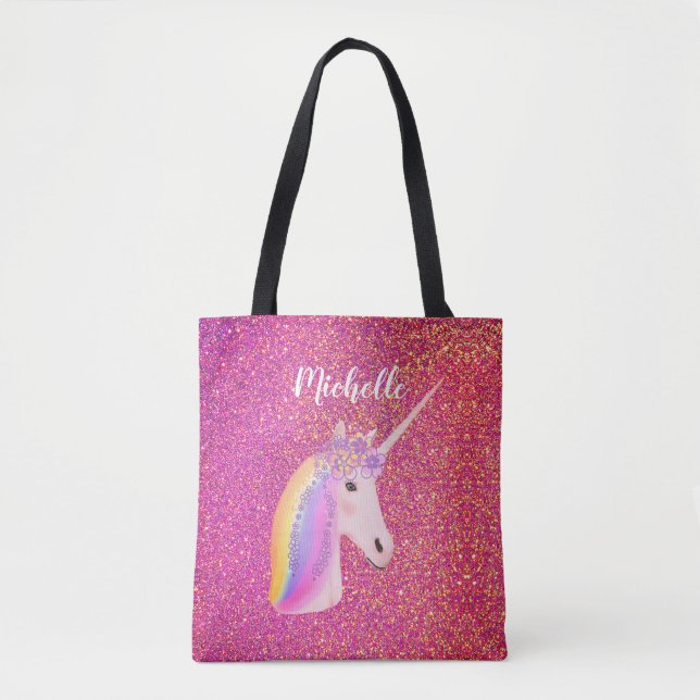 Bolso De Tela Nombre personalizado de unicornio de Purpurina ros (Anverso)