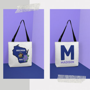 Bolso De Tela Nombre personalizado de Wisconsin Flag y Flower Bl