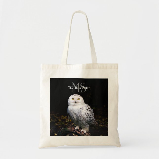 Bolso De Tela Nombre personalizado del monograma de búho de niev (Frente)