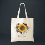 Bolso De Tela Nombre personalizado del Rosa Borgoña Girasol<br><div class="desc">Esta bolsa de bonito presenta un moderno diseño floral acuático con un rústico girasol acuático,  flores de color burdeos y follaje. Personalízalo con tu nombre o iniciales. Esta bolsa tiene el mismo diseño en la parte delantera y trasera.</div>