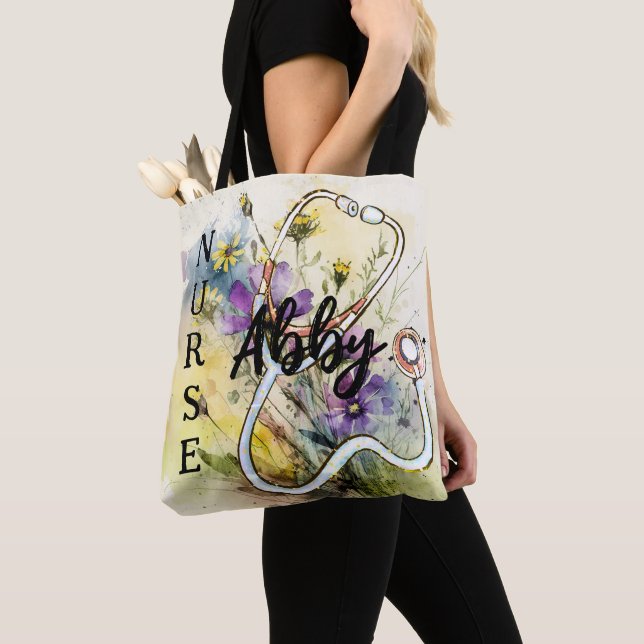 Bolso De Tela Nombre personalizado Enfermero Floral Stethoscope  (Detalle)