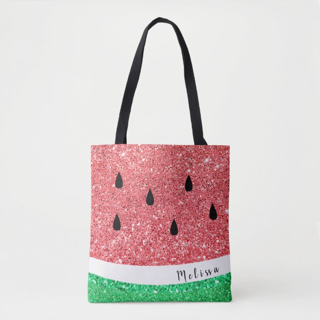 Bolso De Tela nombre personalizado faux purpurina watermelon (Anverso)