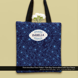 Bolso De Tela Nombre Personalizado Femenino Patrón Floral Azul