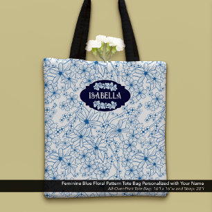 Bolso De Tela Nombre Personalizado Femenino Patrón Floral Azul