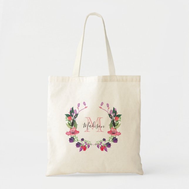 Bolso De Tela Nombre personalizado floral del monograma (Frente)