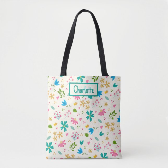 Bolso De Tela Nombre personalizado floral personalizado personal (Anverso)