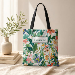 Bolso De Tela Nombre Personalizado Floral Tropical