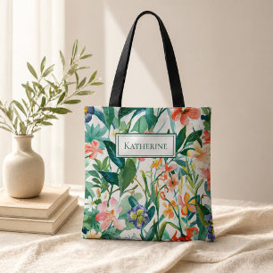 Bolso De Tela Nombre Personalizado Floral Tropical