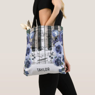 Bolso De Tela nombre personalizado flores azul polvoriento músic