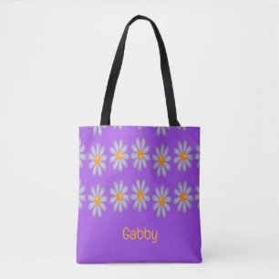 Bolso De Tela Nombre personalizado flores azules en violeta
