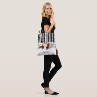 Bolso De Tela nombre personalizado flores burgundy música notas 