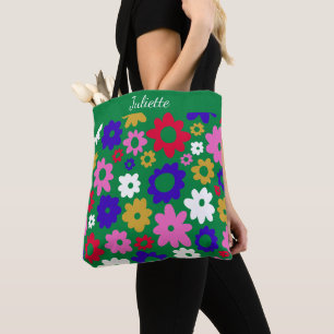 Bolso De Tela Nombre personalizado Flores verdes retro vibrantes