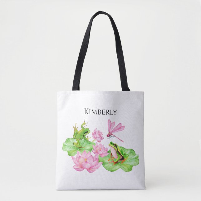 Bolso De Tela Nombre Personalizado Frog Mano Pintada Acuarela To (Anverso)