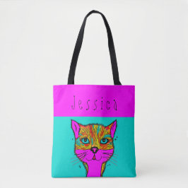 Bolso De Tela Nombre personalizado Funky Colorous Cat Purple Ver
