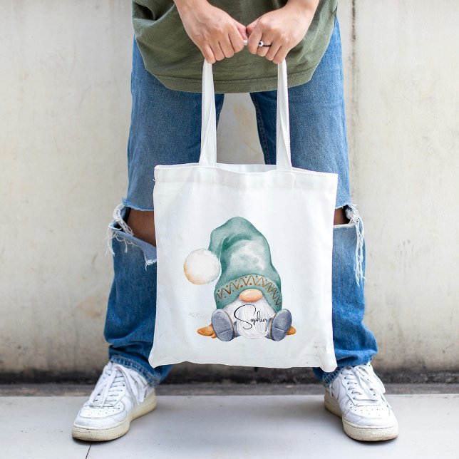 Bolso De Tela Nombre personalizado Gnome vacaciones de invierno (Custom Name Winter Gnome Holiday Tote Bag)