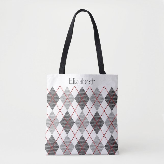 Bolso De Tela Nombre personalizado Gray White Red Argyle (Anverso)