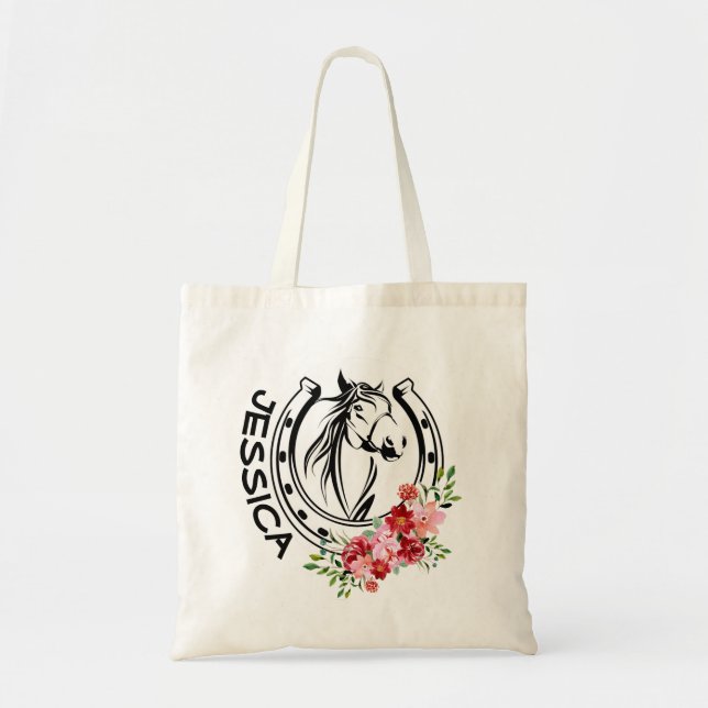 Bolso De Tela Nombre personalizado Horse Floral herradura (Frente)
