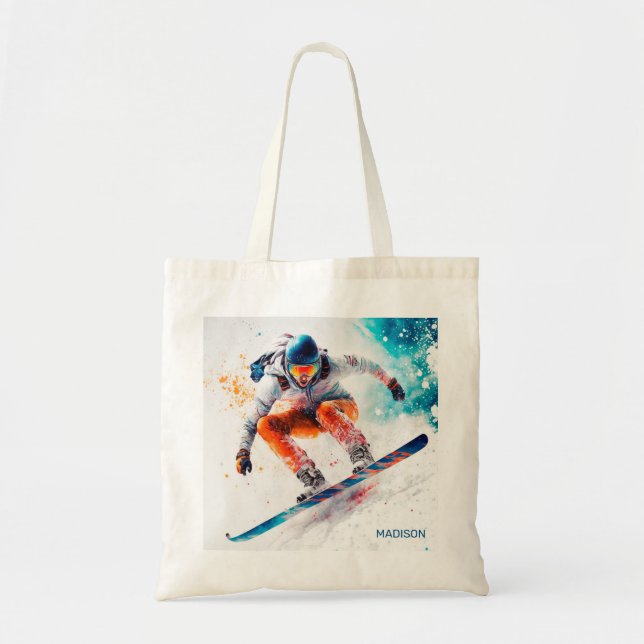 Bolso De Tela Nombre personalizado Ilustracion Snowboarder (Frente)