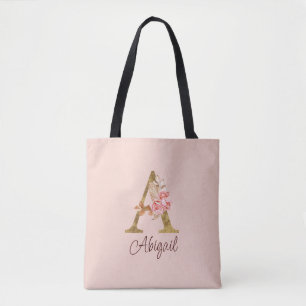 Bolso De Tela Nombre personalizado letra A rosa pálido con foil
