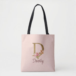 Bolso De Tela Nombre personalizado letra D rosas rosa Blush con