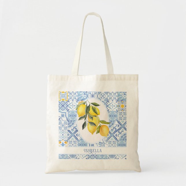 Bolso De Tela Nombre personalizado, limón sobre azulejos azules  (Frente)