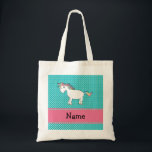 Bolso De Tela Nombre personalizado lindo unicornio<br><div class="desc">Patrón de puntos de polka turquesa/verde azulada/aqua con un lindo unicornio arcoiris y una franja de diamantes rosados (diamantes no reales) personalizados con su nombre regalos o regalos de monograma o sus iniciales</div>