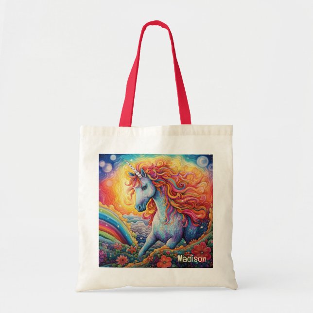 Bolso De Tela Nombre personalizado lindo unicornio (Frente)