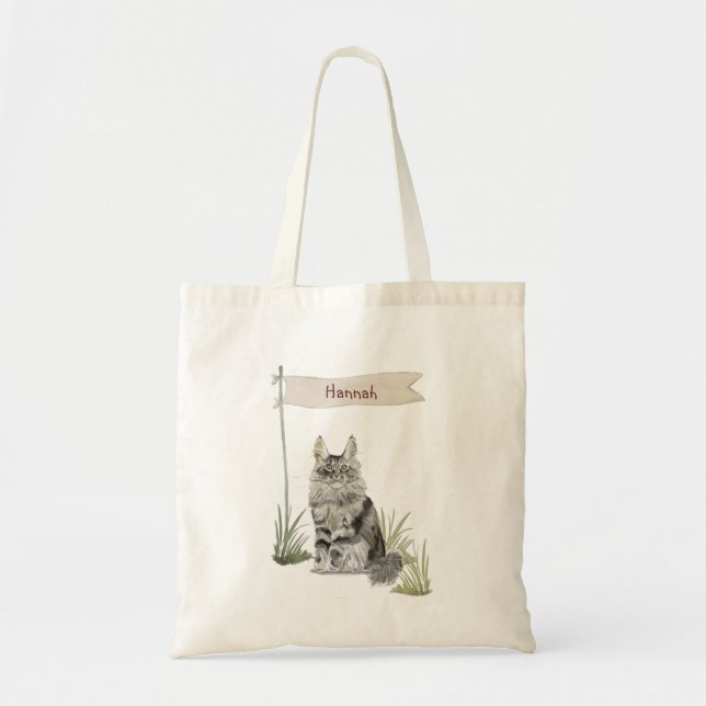Bolso De Tela Nombre personalizado Maine Coon Cat Mascota Tote B (Frente)
