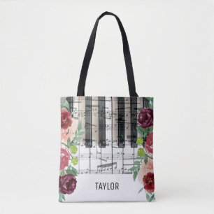 Bolso De Tela nombre personalizado marsala floridas notas musica