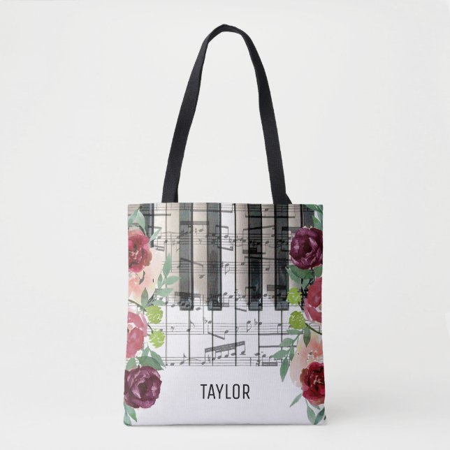 Bolso De Tela nombre personalizado marsala floridas notas musica (Anverso)